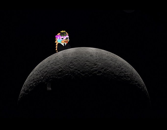 A colorful cartoon “moon reporter” stands atop a dark, cratered lunar surface, echoing the post’s joke about “reporting from the moon today” while waiting for a 100x insight. No specific product names, numbers, or tickers are visible beyond the referenced 100x.