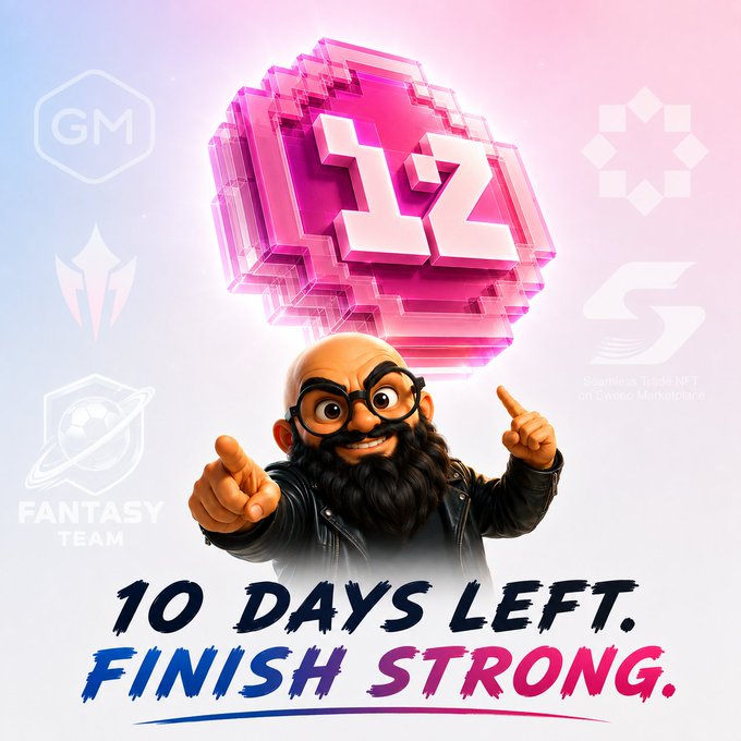 A promotional graphic features a 3D '12' logo with a cartoon bearded character pointing, surrounded by fantasy sports icons, with text reading '10 DAYS LEFT. FINISH STRONG.'