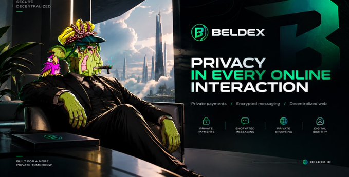An advertisement for "BELDEX" featuring a green-skinned character in a suit relaxing in a chair, promoting "PRIVACY IN EVERY ONLINE INTERACTION" with services like private payments and encrypted messaging.