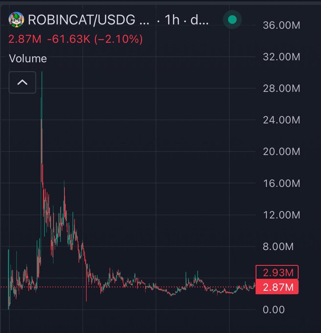 A trading chart for ROBINCAT/USDG showing a price of 2.87M with a 2.10% decrease, displaying significant volatility with volume reaching 36.00M.