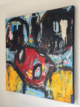 An abstract painting on a square canvas featuring bold, expressionistic brushstrokes in red, yellow, black, and white, with what appears to be a signature and date "21.3" in the corner.