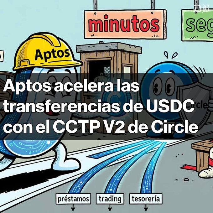 A cartoon illustration featuring characters labeled 'Aptos' wearing a yellow hard hat alongside blue blockchain characters, with Spanish text reading 'Aptos acelera las transferencias de USDC con el CCTP V2 de Circle' and signs labeled 'minutos', 'préstamos', 'trading', and 'tesorería'.