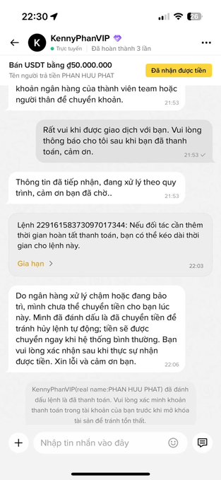 A Vietnamese-language Telegram chat with 'KennyPhanVIP' regarding a USDT bank transfer of 50,000,000 for 'PHAN HUU PHAT,' with automated and manual customer service messages.