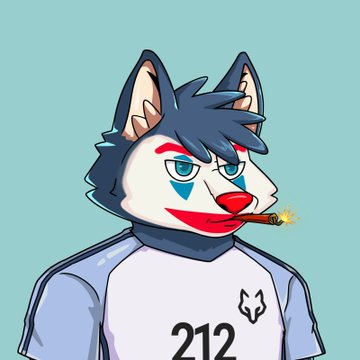 An animated husky character with blue eyes wearing clown makeup and a white shirt with '212' printed on it, smoking a cigar.