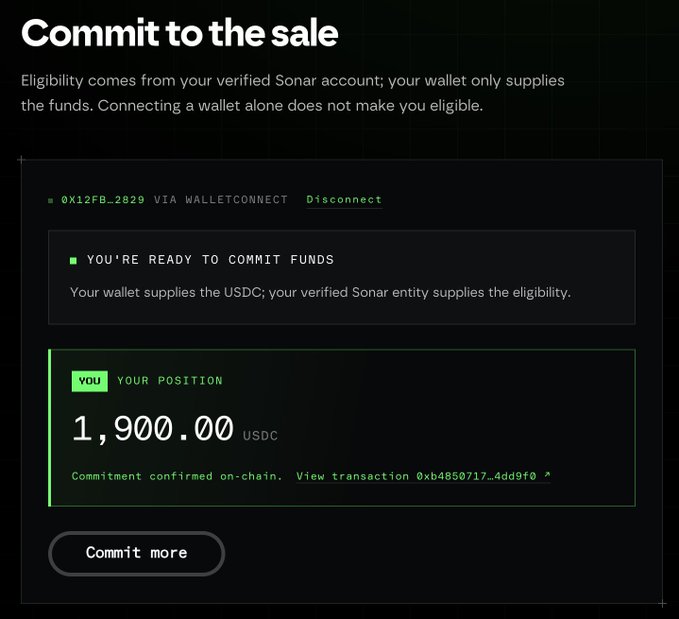 A cryptocurrency transaction interface titled 'Commit to the sale' showing a connected wallet via WalletConnect with a committed position of 1,900.00 USDC confirmed on-chain.