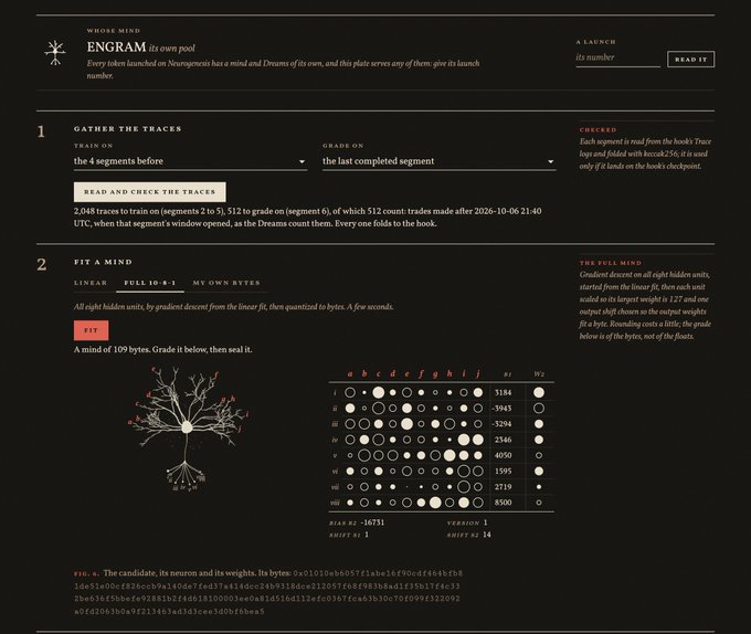 The image shows the ENGRAM mind training interface on Neurogenesis, detailing a process to "Gather the Traces" from 2,048 trades across 2 to 51,512 epochs of segment 6, then "Fit a Mind" by adjusting linear fit gradients (currently at 10.83 bytes across 8 hidden units) to create a custom AI mind. A decoded view (heir #2, hash a2…3673) reveals the byte-level weights of the trained mind, which can then be bonded for 0.01 ETH and time-locked to drand to compete for setting ENGRAM's LP fee.