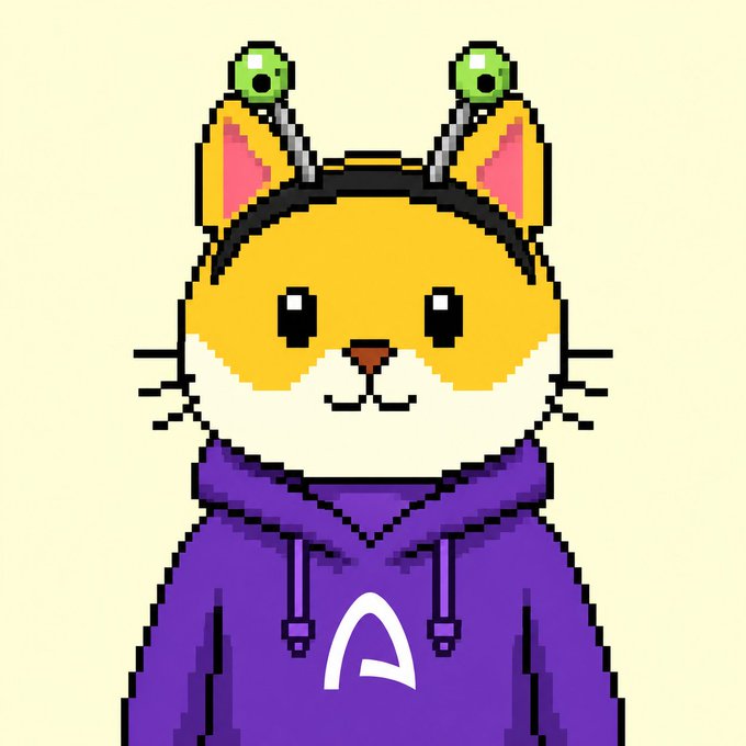 A pixel art illustration of a cute orange and white cat character wearing a purple hoodie with a white logo, featuring green alien-like antennas on its head, set against a pale yellow background.
