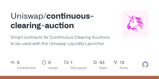 A GitHub repository page titled "Uniswap/continuous-clearing-auction" with the description "Smart contracts for Continuous Clearing Auctions to be used with the Uniswap Liquidity Launcher," showing 8 contributors, 0 issues, 1 discussion, 43 stars, and 13 forks. The image illustrates Uniswap's new no-code token auction tool that the post describes as being integrated into the Uniswap web application, allowing any project to run continuous clearing auctions without needing to write code.