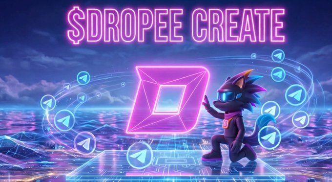 The image features a cartoon character wearing glasses and holding a pink crystal above their head with the text "DROPEE CREATE" written below them. The character appears to be standing on a platform, possibly an island or a floating platform, surrounded by blue neon lights that create a futuristic atmosphere. The post about Telegram apps is related to this image as it highlights the potential of using such platforms for advertising and promoting products like the crystal-related app.