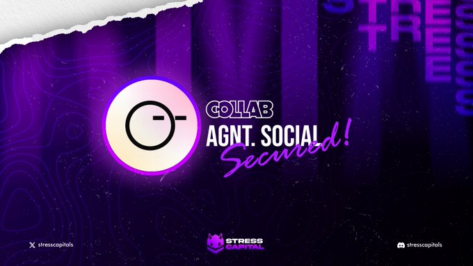 A purple graphic announcing 'COLLAB AGNT. SOCIAL Secured!' by Stress Capital, featuring a circular logo and handle @stresscapitals.