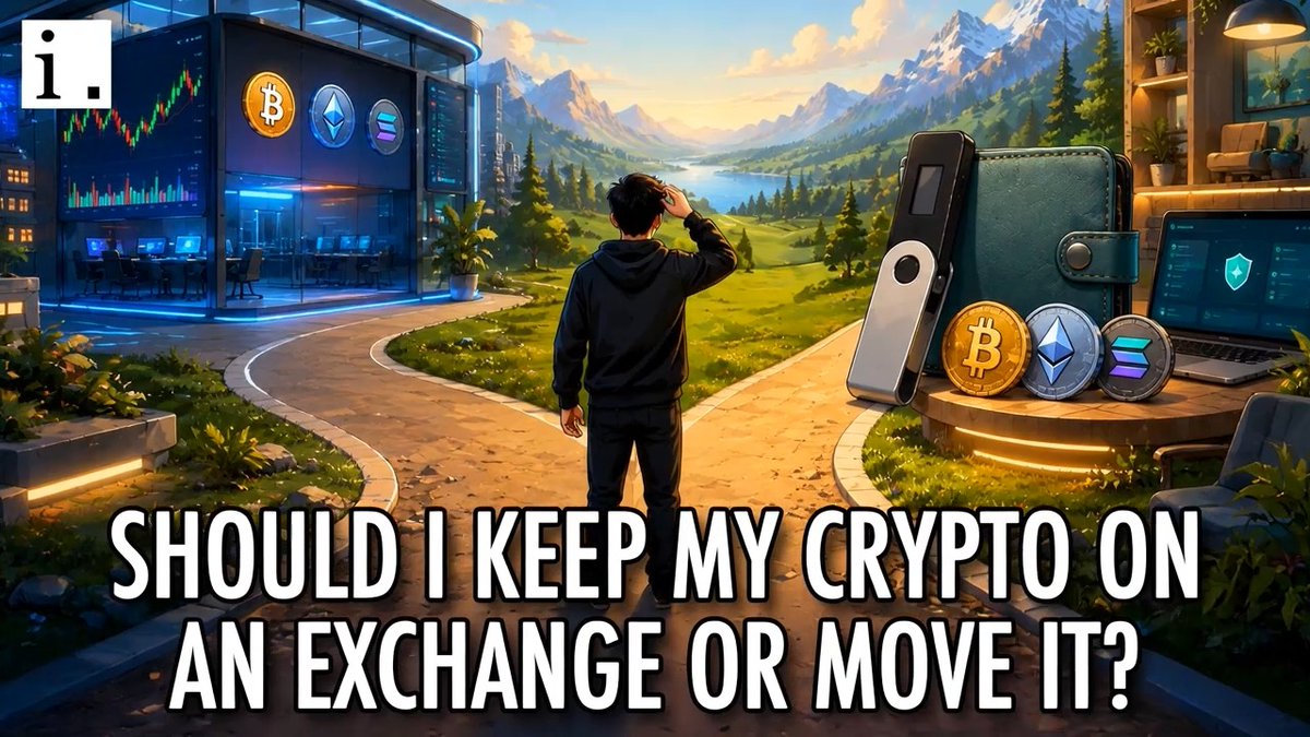 An illustrated graphic asking "SHOULD I KEEP MY CRYPTO ON AN EXCHANGE OR MOVE IT?" showing a person contemplating between a crypto exchange with charts and a hardware wallet with Bitcoin, Ethereum, and Solana coins.