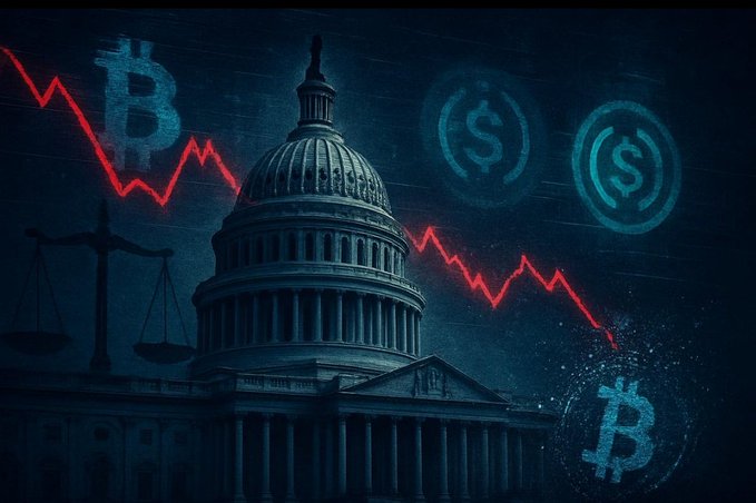 The image depicts the U.S. Capitol dome silhouetted against a dark blue background, overlaid with falling red arrows, scales of justice, and cryptocurrency symbols (Bitcoin "₿" and dollar "$" icons), symbolizing the failed CLARITY Act vote (49 in favor, 50 against—falling 11 votes short of the 60 needed) and its negative impact on Bitcoin.