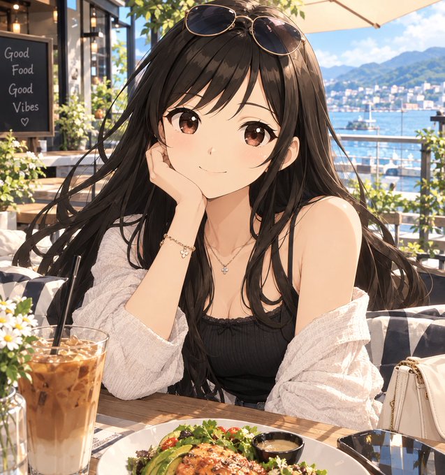 An anime-style illustration of a smiling young woman with long dark hair and sunglasses on her head, sitting at an outdoor cafe with a salad, iced coffee, and a 'Good Food Good Vibes' sign in the background.
