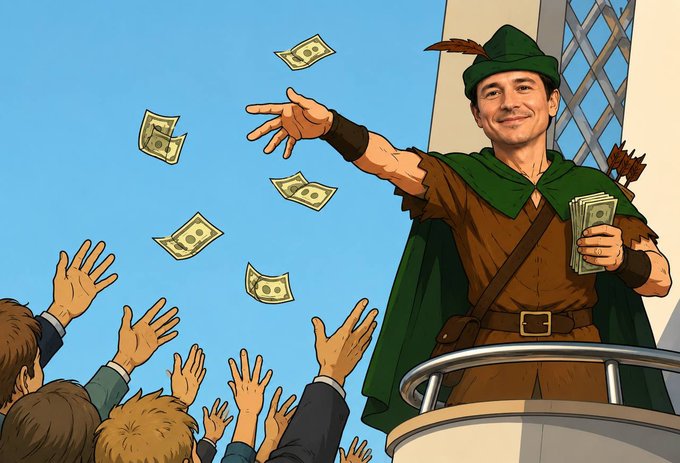 Illustration of a man in Robin Hood attire throwing money into the air to a cheering crowd below, while holding a stack of cash.