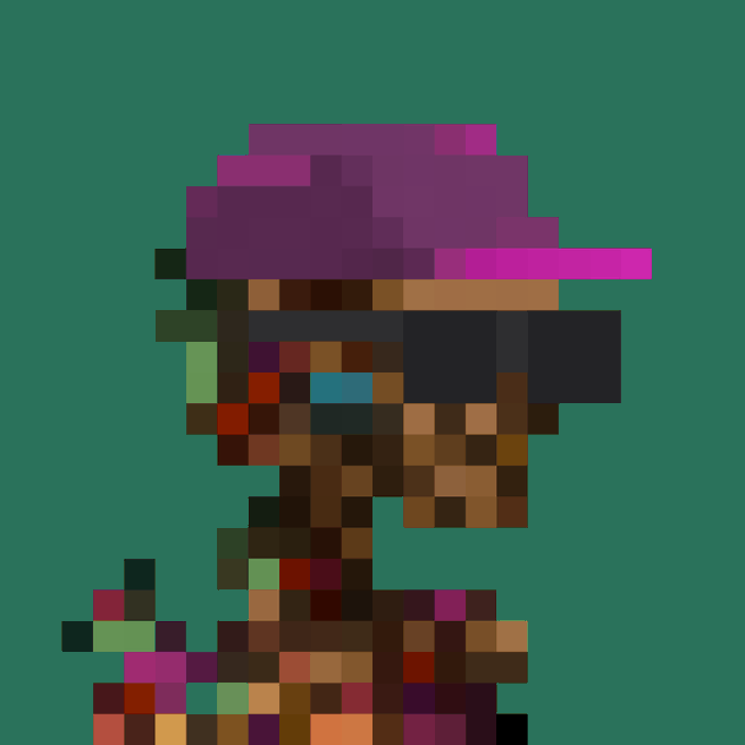 A pixel art style character portrait of a person with dark skin wearing a purple hat and sunglasses against a teal background.