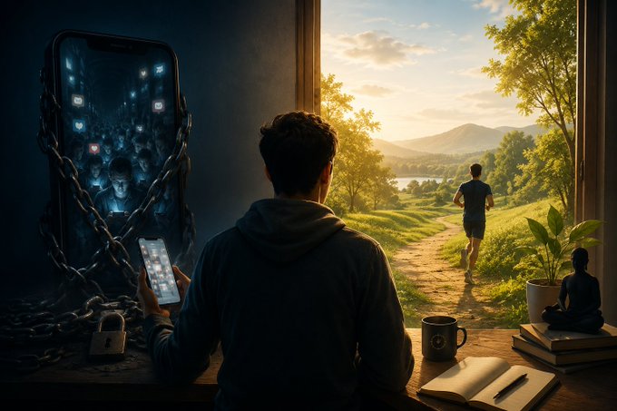 A surreal digital art illustration depicting a person sitting at a window, holding a phone displaying a chained device showing faces, while looking out at a serene landscape with a runner.
