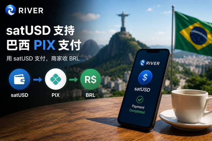 A promotional graphic for "RIVER" showing satUSD support for Brazilian PIX payments, with a flowchart illustrating satUSD → PIX → BRL conversion, set against a backdrop of Rio de Janeiro's Christ the Redeemer statue and Brazilian flag, with a phone displaying "Payment Completed" and a coffee cup on a wooden table.