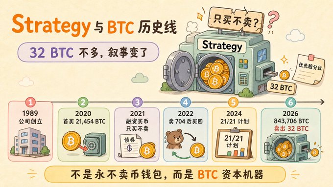 The image shows a cartoonized representation of a gold bar with bitcoin keys and an "M" above it. A text box below the illustration reads, "Strategy sells 32 BTC last week to pay preferred stock dividends." The image also features symbols for cryptocurrency transactions such as a bear holding a coin bag and a building with a key hole representing Bitcoin mining.