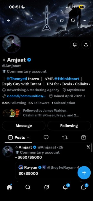A screenshot of an X (Twitter) profile for 'Amjaat' (@Amjaaat), a commentary account, showing 2.9K following, 5K followers, and a pinned post about a $650/$5000 goal.