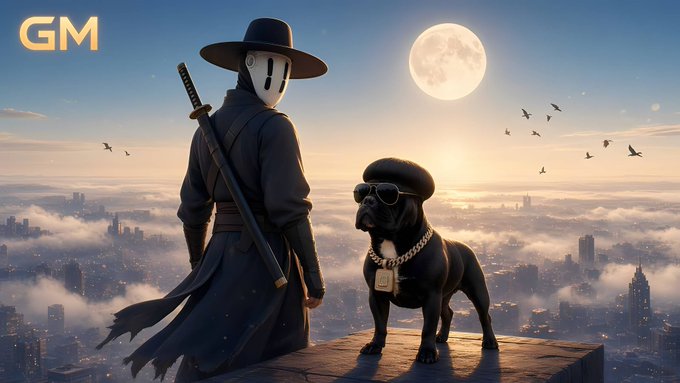 Artwork showing a masked figure in a wide-brimmed hat and dark robes holding a sword, standing next to a black French Bulldog wearing sunglasses and a gold chain, overlooking a city at sunset with 'GM' text in the corner.