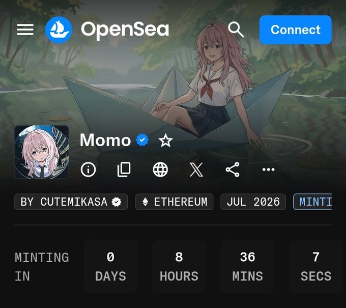 The image displays the OpenSea profile page for the "Momo" NFT collection by CUTEMIKASA on the Ethereum blockchain, with a countdown timer showing the minting begins in 8 hours, 36 minutes, and 7 seconds. The page features anime-style artwork of a pink-haired character in a paper boat, aligning with the post's excitement about the highly anticipated ETH mint launch.