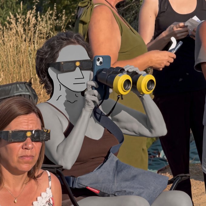 A humorous composite photo showing people wearing eclipse glasses at an outdoor event, with one seated figure edited to have a gray muscular cartoon body holding yellow binoculars.