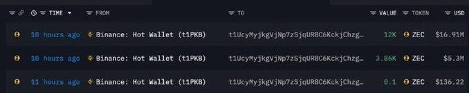 A cryptocurrency transaction history screen showing three Binance Hot Wallet transactions for ZEC (Zcash) token in USD with values of $16.91M, $5.3M, and $136.22.