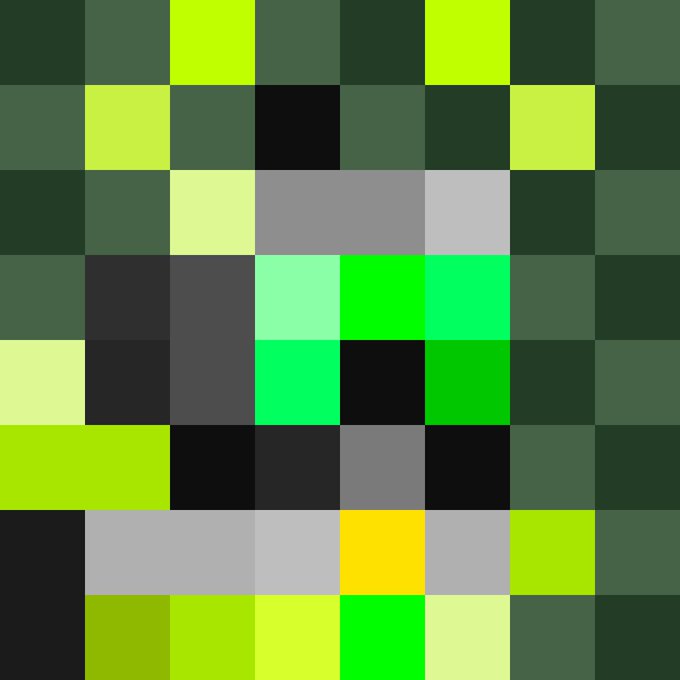 A grid of pixelated squares in various shades of green, gray, black, and a single yellow square forms a blocky, abstract pattern.