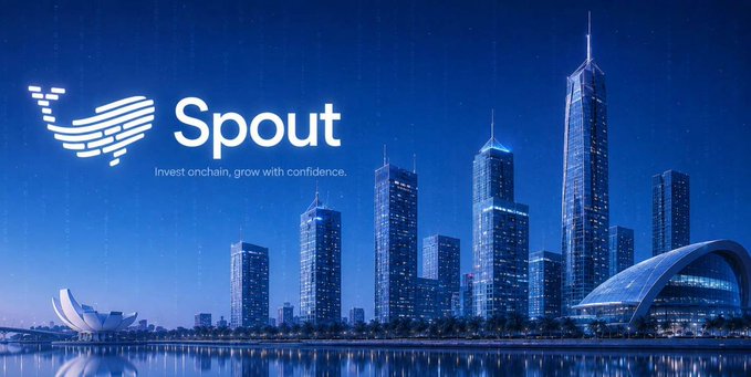 A promotional banner for 'Spout' features the tagline 'Invest onchain, grow with confidence' against a backdrop of a modern city skyline with skyscrapers.