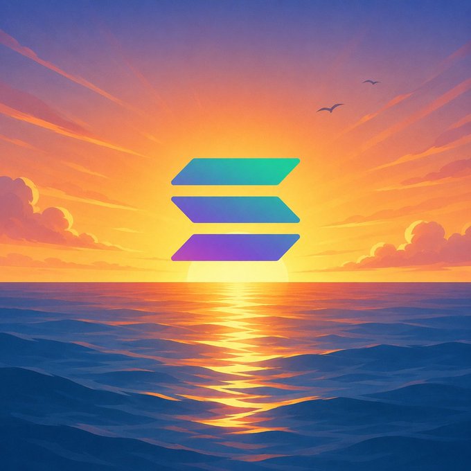 The image features a sunset over the ocean with three vertical lines of different colors - blue, green, and purple. These lines are positioned above the water, creating an artistic representation of the sun setting behind the horizon. The caption "rise up, solana." is written in white text at the bottom right corner of the image.