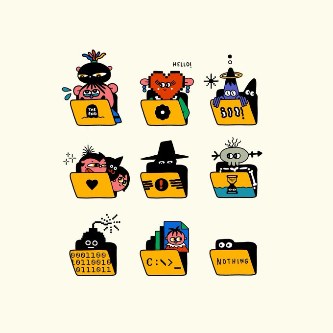 A set of nine cartoon-style digital sticker illustrations featuring quirky characters at laptops, with folders labeled 'THE END', 'HELLO!', 'BOO!', a heart icon, an exclamation mark, a goblet, binary code, 'C:\>', and 'NOTHING'.