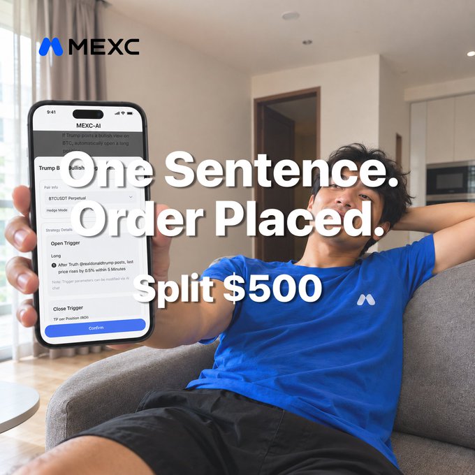 A young man lounges on a couch holding up a phone displaying the MEXC AI trading app with a "Bullish" strategy for BTC/USDT Perpetual, overlaid with bold text reading "One Sentence. Order Placed." and "Split $500," visually promoting the MEXC AI contest where users can win a share of $500 by submitting one-sentence trading prompts.