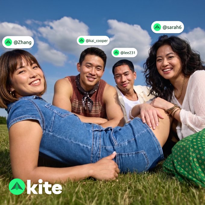 A cheerful group of four friends sitting on grass under a blue sky, with social media-style handles (@Zhang, @kai_cooper, @lee231, @sarah6) above them and the 'kite' logo in the bottom left.