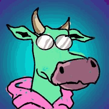 A cartoon illustration of a green cow wearing reflective sunglasses and a pink scarf against a blue background.