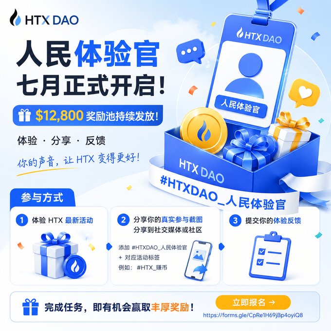 The image is a promotional graphic for HTX DAO's "People's Experience Officer" July campaign, offering a $12,800 reward pool for users who experience HTX's latest activities, share genuine screenshots with the hashtag #HTXDAO_人民体验官, and submit feedback.

This visual ties directly to the post by highlighting the hands-on, experience-driven nature of the campaign—moving beyond passive check-ins to active participation where users can share authentic impressions of HTX's newest features.