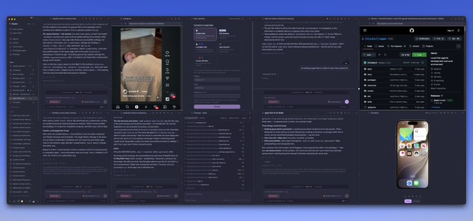 A developer workspace screenshot showing multiple dark-themed panels of realm.computer—featuring a chat interface with an embedded YouTube video, notes labeled "Architecture," and a phone mockup titled "iOS Launcher Insights"—capturing the platform's all-in-one UI for browsing, prompting, and documenting in a single browser tab.
