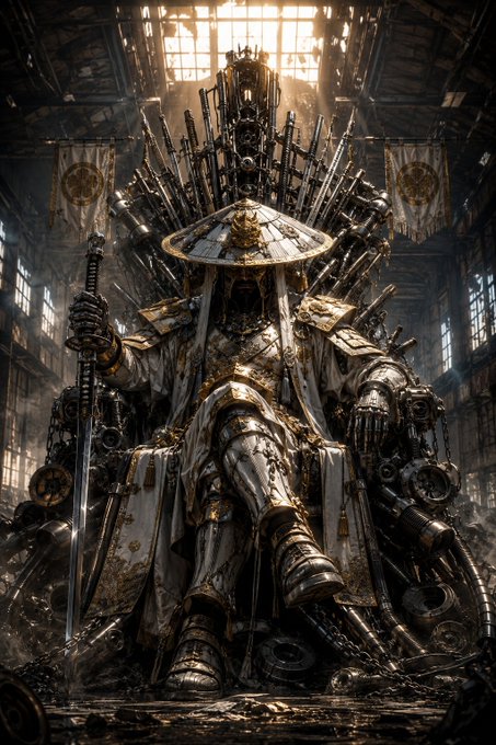 A dark fantasy warrior in ornate armor sits on a mechanical throne made of swords and gears, holding a blade in a sunlit cathedral.