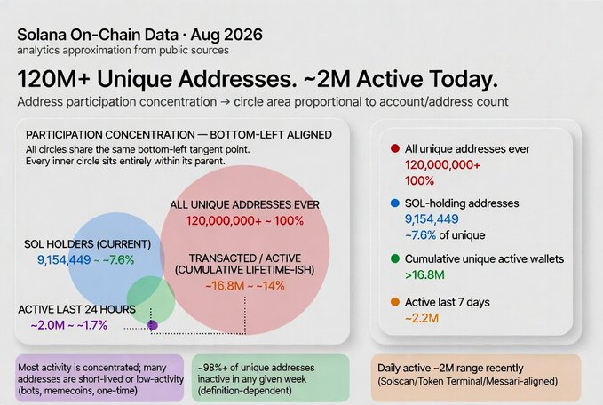 An infographic titled 'Solana On-Chain Data · Aug 2026' showing '120M+ Unique Addresses' and '~2M Active Today' with circles representing participation concentration and a legend detailing SOL holders, active wallets, and daily activity.
