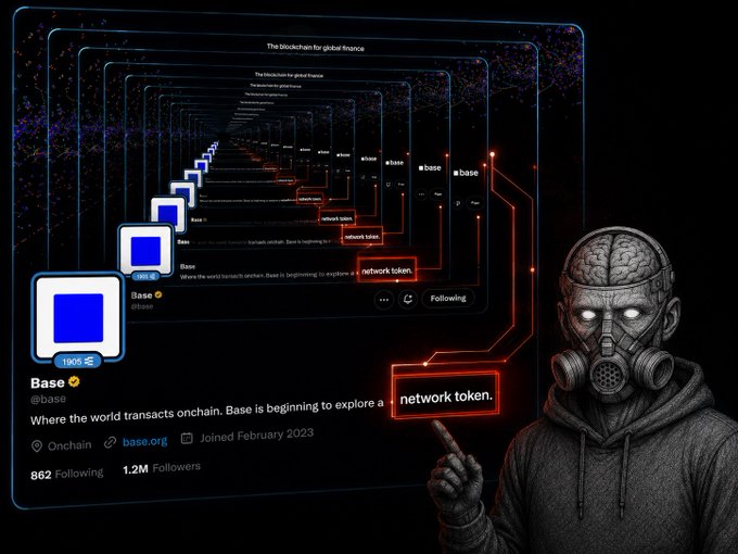 The image shows an illustration of someone holding a sign with a message about cryptocurrency. The background depicts lines extending into infinity and beyond, which can be related to the concept of blockchain or cryptocurrencies such as Bitcoin. A mask is also visible in the image, suggesting that this person might be trying to hide their identity while promoting the idea of anonymity connected to digital transactions. The caption accompanying the illustration states: "CT's buzzing after recent @base bio update... n now everyone's suddenly whispering about potential $BASE Classic timeline behavior: > one tiny hint ... 100 theories & 100k farmers waking up from the dead But if $BASE ever becomes real, one thing would matter a lot: real". This suggests that the person behind the mask might be attempting to create intrigue or provoke thought around the subject of cryptocurrency and blockchain technology.