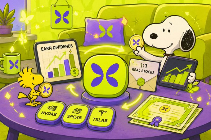 A cartoon illustration featuring Snoopy and Woodstock with app icons showing stock tickers (NVDAB, SPCXB, TSLAB) and the text 'EARN DIVIDENDS' and '1:1 REAL STOCKS'.