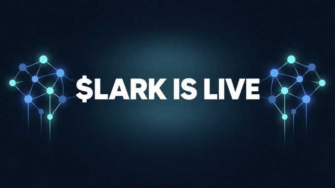 A digital graphic displays the text '$LARK IS LIVE' flanked by two glowing blue network node diagrams against a dark background.