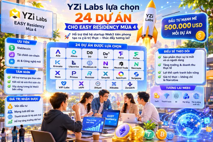 A Vietnamese promotional graphic for "YZi Labs lựa chọn 24 DỰ ÁN CHO EASY RESIDENCY MÙA 4" highlighting 24 selected Web3 startup projects with $500,000 USD funding per project, featuring logos for Allele, Aleo, DODO, DeFi, Facto, FinTax, Kravata, Liquorice, Meddlcom.AI, Nara, Neutral Trade, Nexroute, Nxos, Primus, Roostoo, SmartX, Spectrum, Surgepay, VIFI Labs, xAPI, XHunt, XStable, ZeroShift, and ZedxLift.