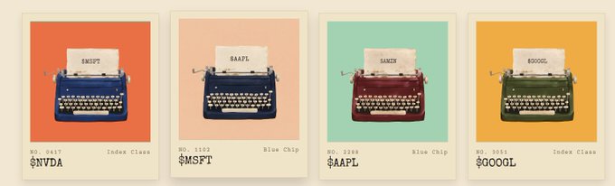 Four typewriter illustrations with stock ticker symbols: $NVDA on a blue typewriter, $MSFT on a pink background, $AAPL on a teal background, and $GOOGL on an orange background, each labeled with their respective company names and index classes.