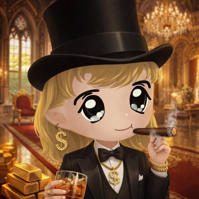 A chibi-style cartoon character with oversized eyes wears a black top hat and tuxedo while holding a cigar and a glass of whiskey, surrounded by gold bars and dollar sign jewelry in an opulent palace setting. The lavish "boss" imagery visually amplifies the post's hype around the $ZAN token launch, portraying the crypto as a wealth-generating venture.