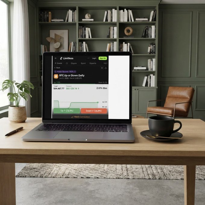 A laptop sits on a wooden desk in a cozy room with green bookshelves, displaying a 'Limitless' trading app interface showing 'BTC Up or Down Daily' with a chart and a 'Weeks Connection' header.