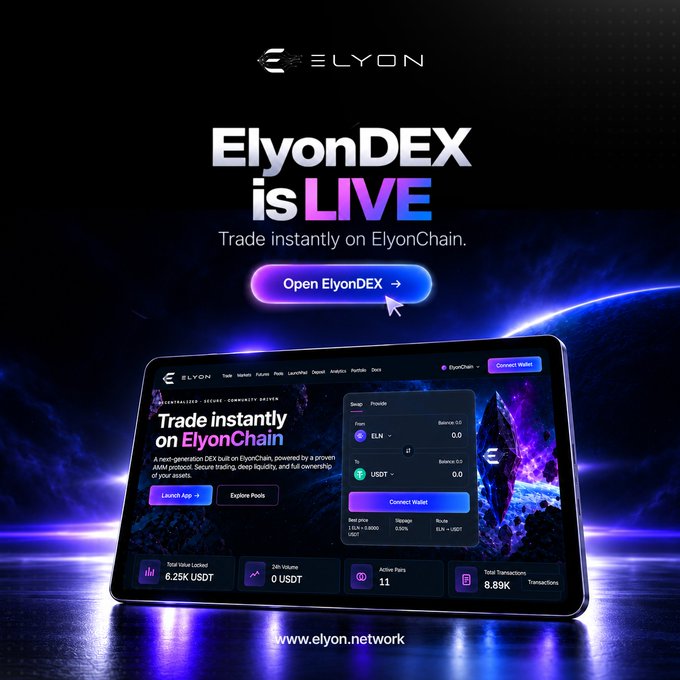 A promotional advertisement for ElyonDEX on ElyonChain, stating 'ElyonDEX is LIVE - Trade instantly on ElyonChain' with a website link to www.elyon.network.