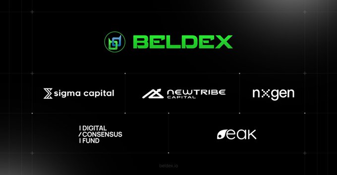 A dark promotional graphic for BELDEX featuring its green logo at the top, with partner logos including Sigma Capital, NewTribe Capital, NXGEN, Digital Consensus Fund, and Peak displayed below.
