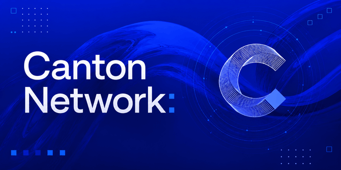 A blue graphic displays the text "Canton Network:" next to a stylized, tech-themed letter "C", set against a wavy blue backdrop with grid accents.