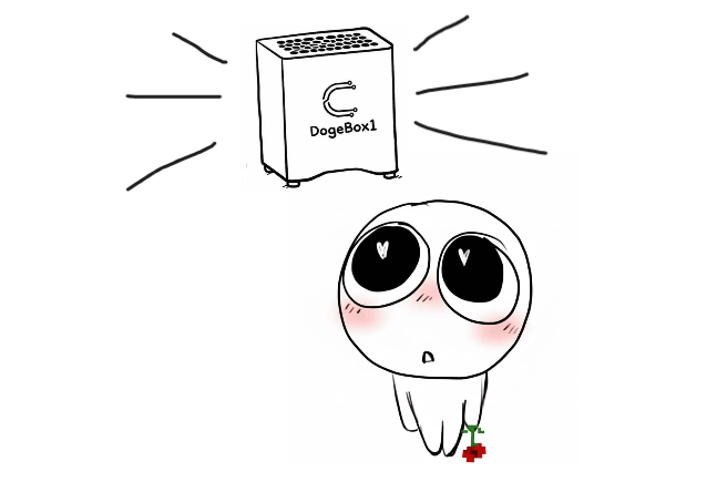 A cute cartoon character with big sparkly eyes gazes up at a "DogeBox1" mining device, holding a small flower. The image illustrates the post's nostalgic point about how far crypto mining has come — what was once bulky and industrial is now an adorable, compact home device capable of mining $CYS, $DOGE, and $LTC while contributing to decentralized AI networks like Cysic, making mining "beautiful."