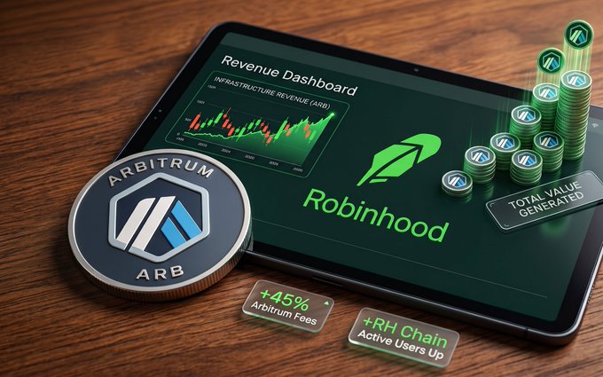 A tablet displays a "Revenue Dashboard" highlighting Arbitrum (ARB) infrastructure revenue and the Robinhood logo, alongside stacked green Arbitrum coins and stats showing "+45% Arbitrum Fees" and "RH Chain Active Users Up." The image visually reinforces the post's message that rising Layer 2 trading volume is translating into real infrastructure revenue, benefiting both ARB and Robinhood Chain.